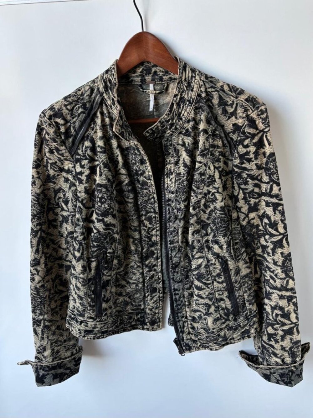 Free People Follow The Flock Floral Brocade Moto Jacket Green Black Size 10